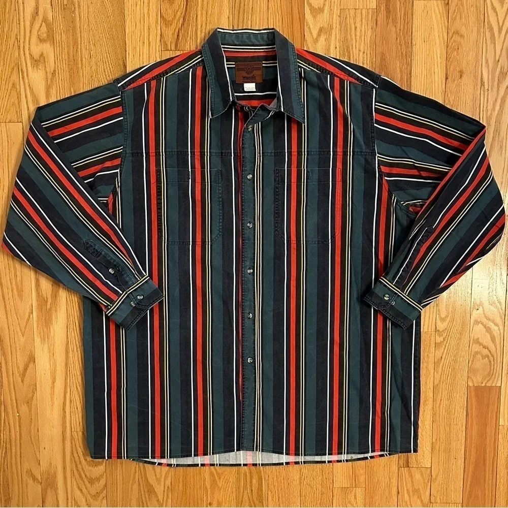 Vintage Wrangler Brushpopper Rugged Wear Striped Western Shirt Mens 3XT 3XL Tall